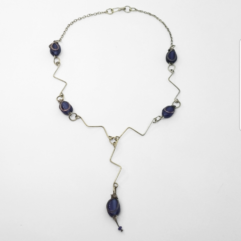 Vintage Blue Glass & Silver Wire Wrapped Delicate Necklace